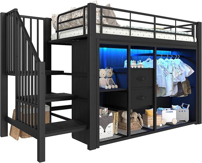 Hochbett mit Kleiderschrank, RGB LED-Streifen, Lattenrost, Treppe, Regal, Schubladen und Kleiderstange, Kinderbett mit Rausfallschutz, Metallbett (schwarz, 90x200 cm)