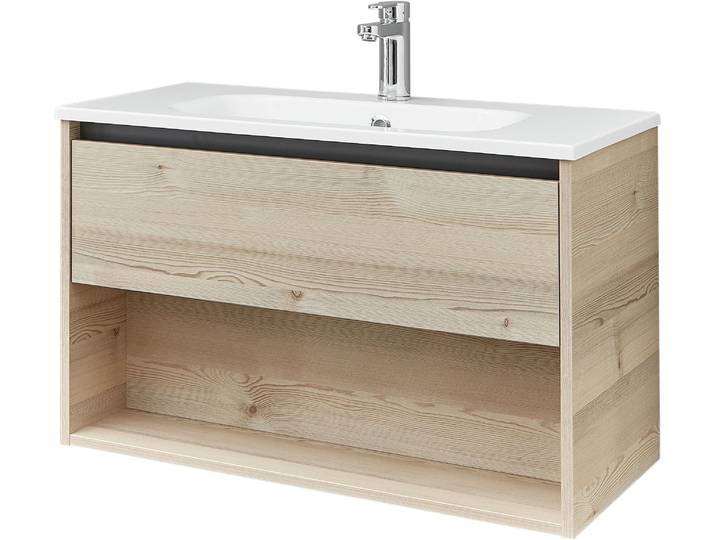 Badmöbel-Set SAPHIR Mineralmarmor-Waschisch und Waschtischunterschrank , beige (polar pinie), B:81cm H:53,3cm T:46cm, Holzwerkstoff, Kastenmöbel-Sets, Badmöbel-Set