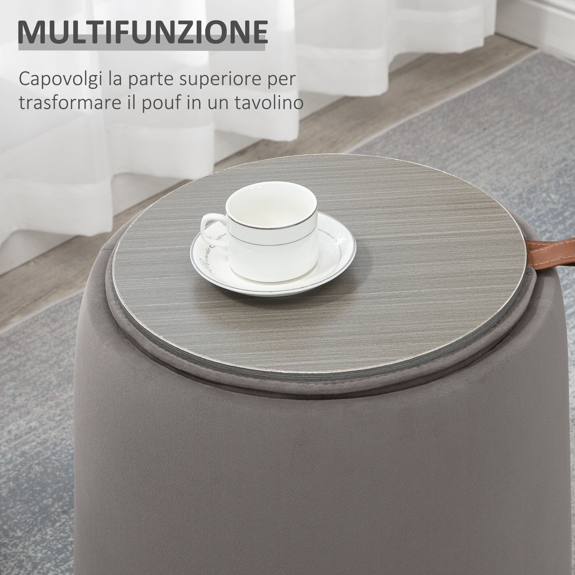 Altro Pouf Contenitore In Velluto 2 In 1 Convertibile In Tavolino Da Caffè, Ø44x47.5cm, Grigio