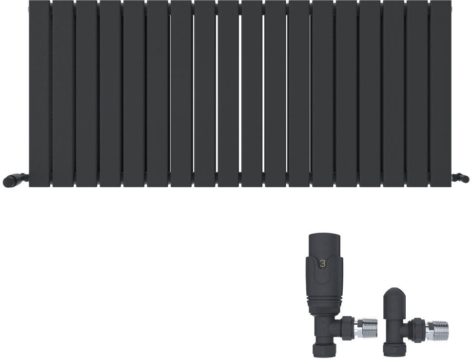 iBathUK Belgravia Horizontal Double Slim Flat Panel Radiator Angled Valve Grey 600cm H x 1368cm W x 69cm D