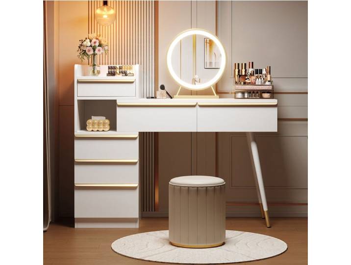 WOVREO Coiffeuse blanche avec plateau extensible miroir LED dimmable 3 couleurs 6 tiroirs
