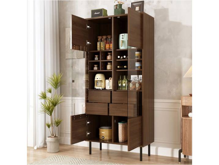 ULEVR Vitrine buffet en MDF aspect bois foncé effet noyer portes vitrées 4 tiroirs pieds métalliques