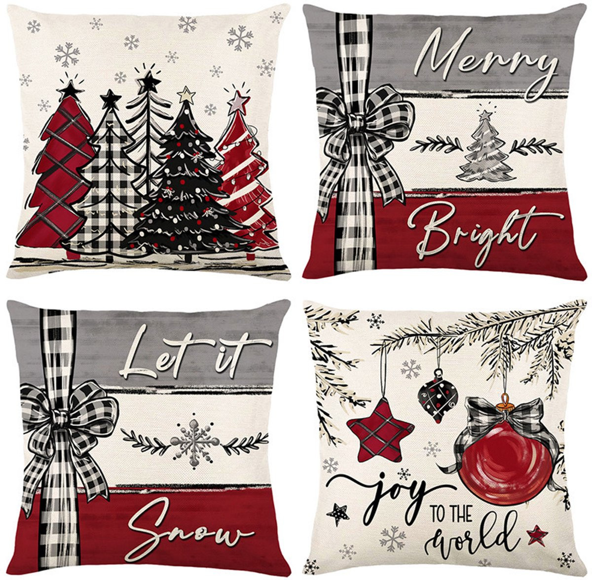 Mrilary Set van 4 Kerstkussenhoezen met Buffelruitpatroon, Winterse Sierkussens voor Bank en Fauteuil, 45 x 45 cm