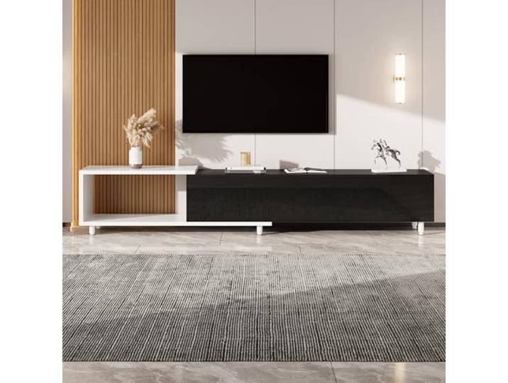 Merax Ausziehbarer TV-Schrank 258x38x48,5cm, mit 3 Hochglanz-Türen, leisen Scharnieren & Metallfüßen – Schwarz+Weiß