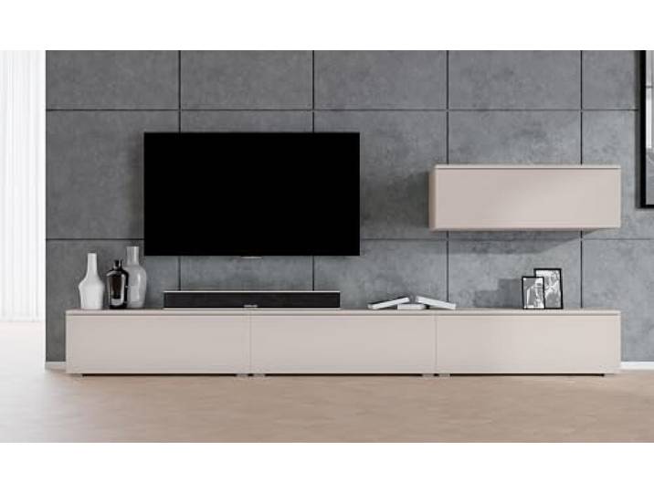 AXLIVING Anbauwand Loriano IV Wohnwand beige Kaschmir 300 cm breit Kratzfest, pflegeleicht, langlebig. Viel Stauraum: 8 Innenfächer hinter 4 Klappen. Push-to-Click. Grifflose Fronten.