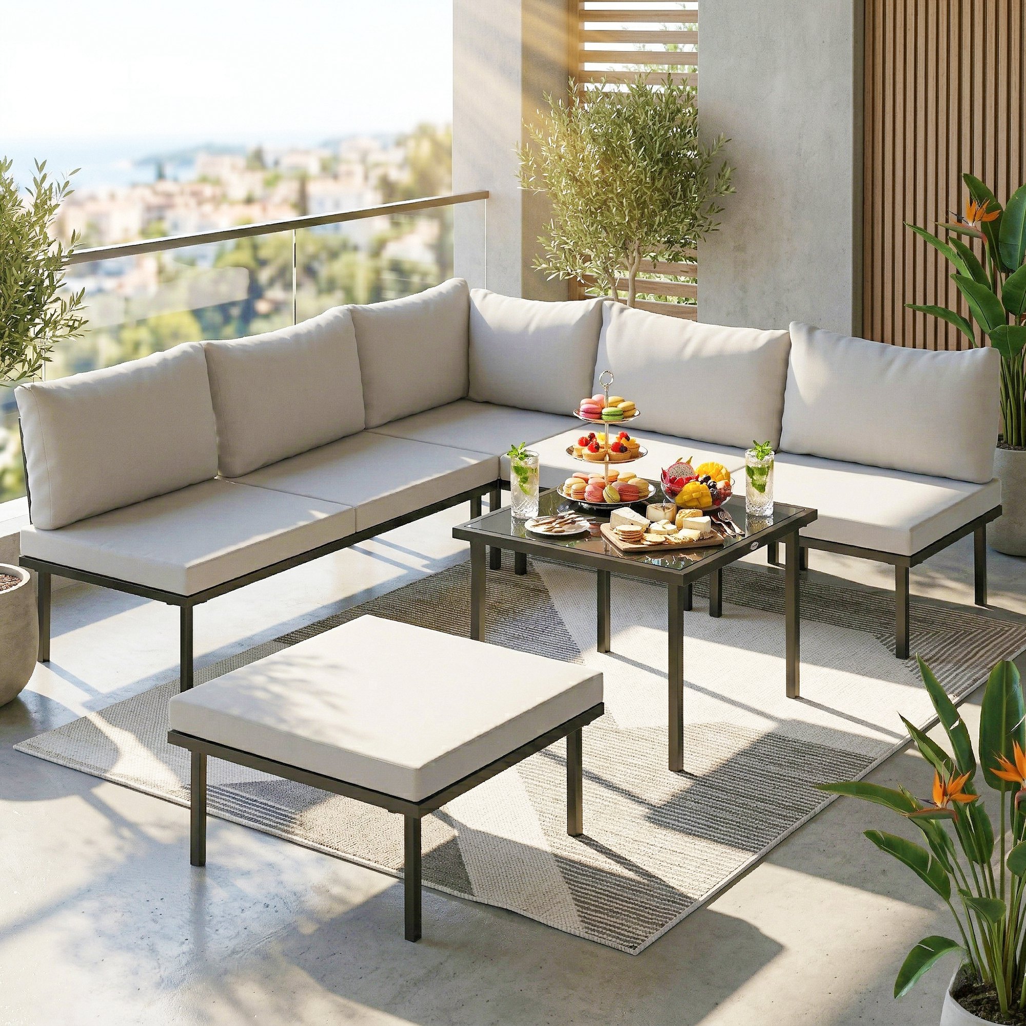 Outsunny Set Mobili Giardino Metallo 6 Persone, Divano Angolare Cuscini, Grigio Chiaro   Aosom Italy
