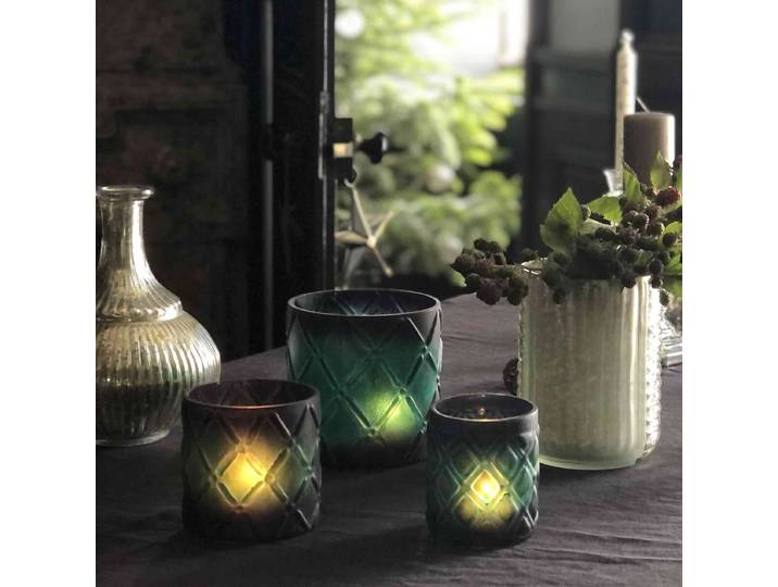 Set de 3 photophores en verre dépoli gravé vert