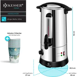 Kesser Glühweinkessel 10L Edelstahl Inkl. 10x Becher Glühweinkocher, Einkochautomat, Silber