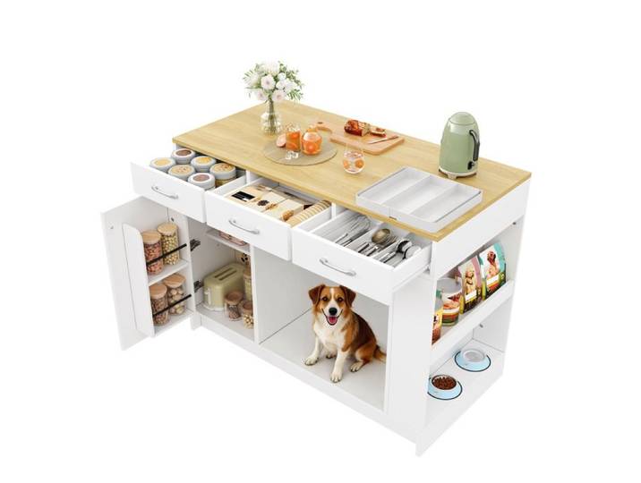 Îlot Central de Cuisine 120x60x90 cm 3 tiroirs étagère réglable niche pour animal MDF blanc