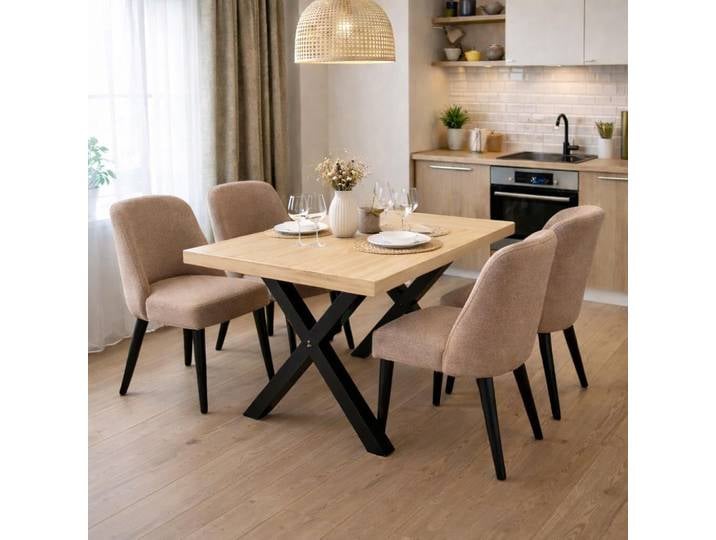 Esstisch 140x90cm Wildeiche White Washed, X-Gestell - gerade Kante