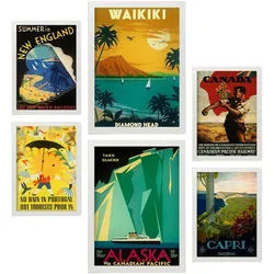 POSTER Set Mit 6 Strände Und Kreuzfahrten Vollfarbige Illustrationen Von Vintage Tourismus Werbetafeln Aus Der Ganzen Welt A3 & A4 Weißer Rahmen