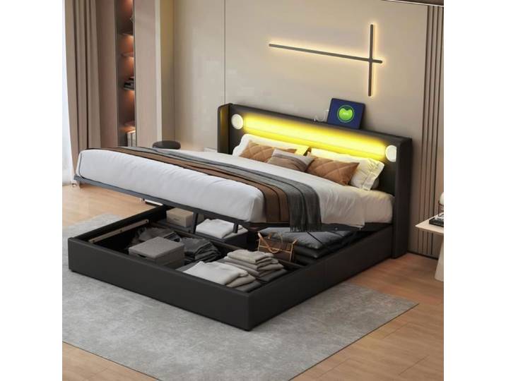 Lit coffre 160x200 - Noir - LED - Bluetooth - USB