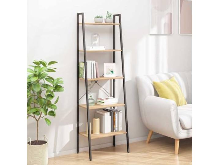 ROMHZKS Standregal mit 5 Ablagen Hellbraun und Schwarz 56x35x174 cm Stahlrahmen, vielseitig nutzbar, platzsparend, Wohnzimmer, Schlafzimmer, Büro, Balkon