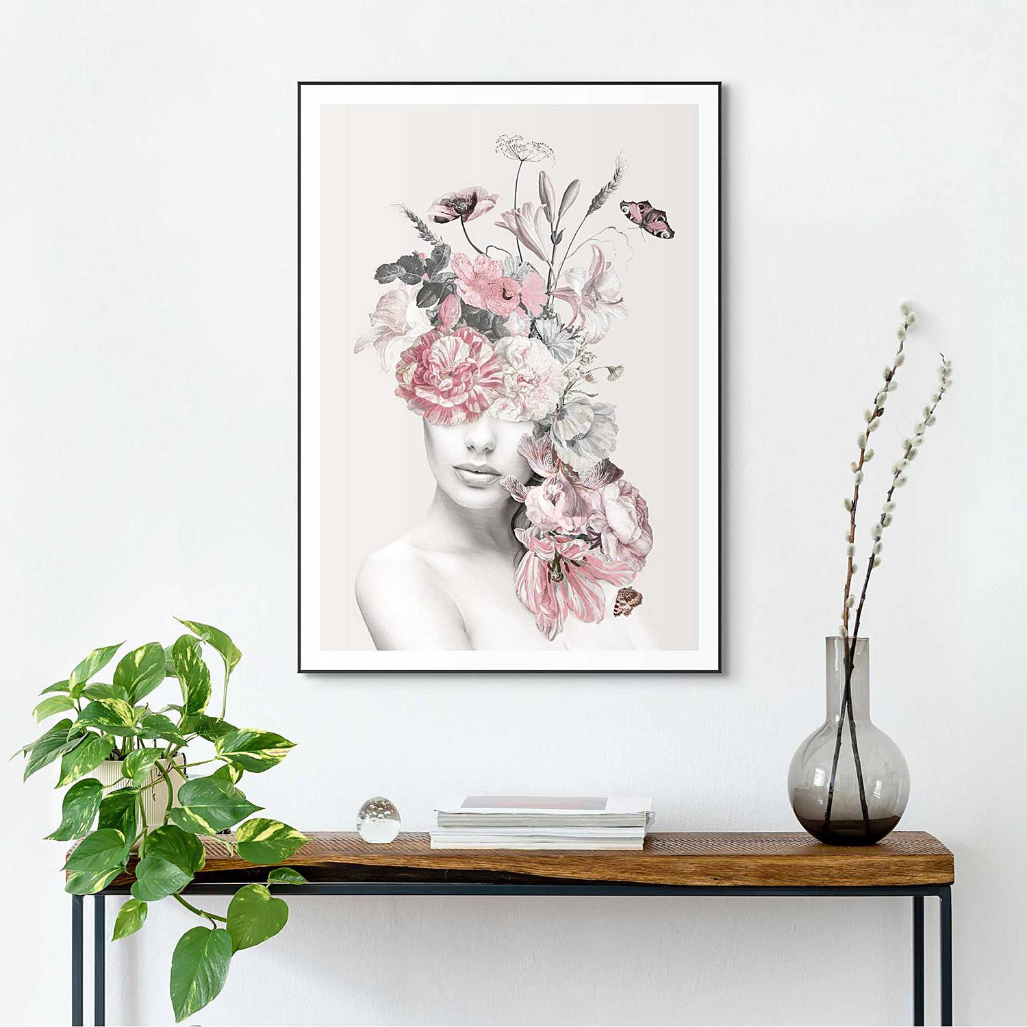 home24 Ingelijste afbeelding Bloemenvrouw, roze, 50 x 70 x 1 cm