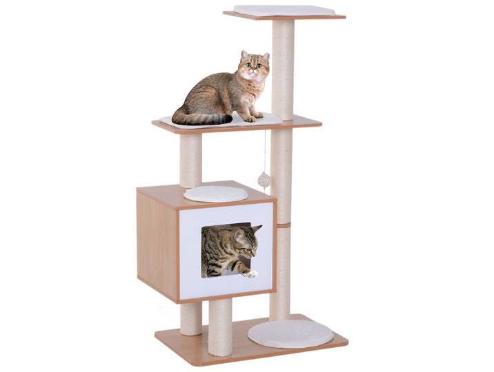 Arbre à griffer pour chat en bois Pawhut 71,5X49,5X120 cm avec poteaux en sisal et grotte