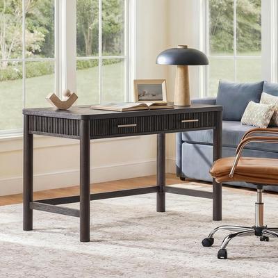 HULALA HOME Olivine Modern Fluted Solid Wood Desk With Charging Station & 2 Drawers