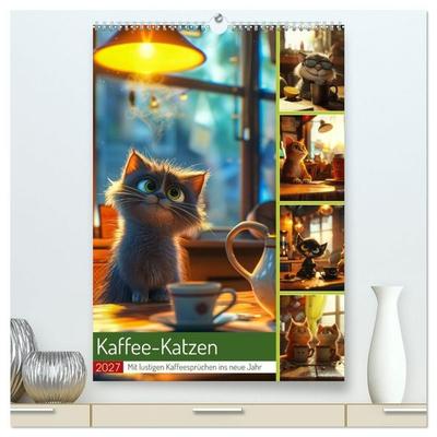 Kaffee-Katzen (hochwertiger Premium Wandkalender 2027 DIN A2 hoch), Kunstdruck in Hochglanz
