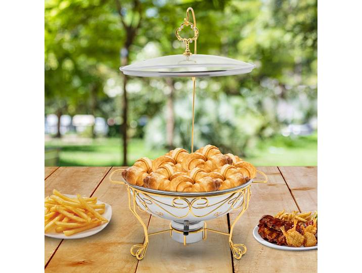 Réchauffeur de Buffet de plat de frottement rond doré de 6L avec le couvercle suspendu chauffe-plats de restauration d'acier inoxydable pour le Restaurant de fête