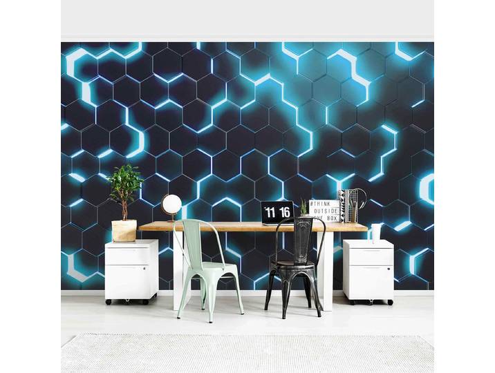 Papier peint Hexagone Néon Turquoise 432 x 290cm 432 x 290 cm