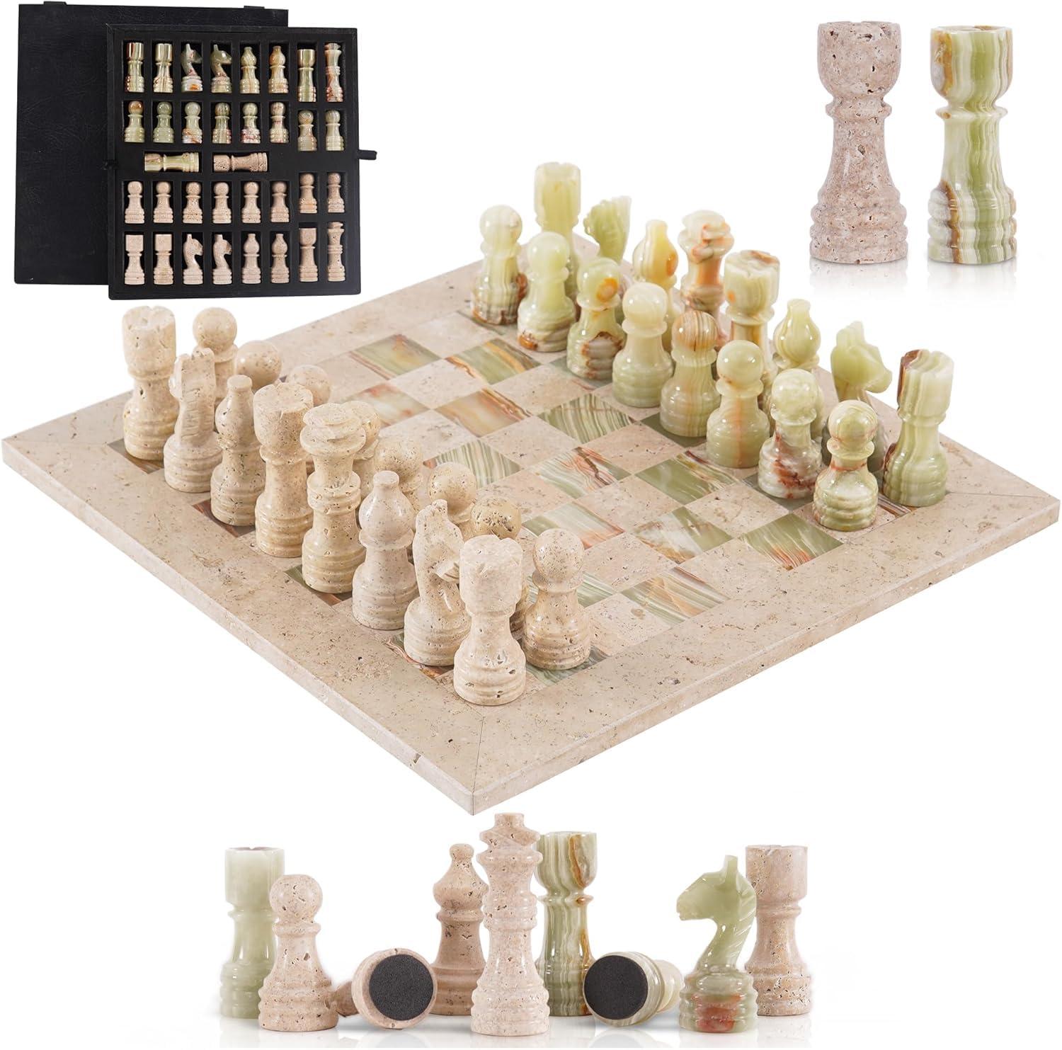 Marmor-Schachspiel 30,5 cm, handgefertigt, 32 Figuren + 2 Damen