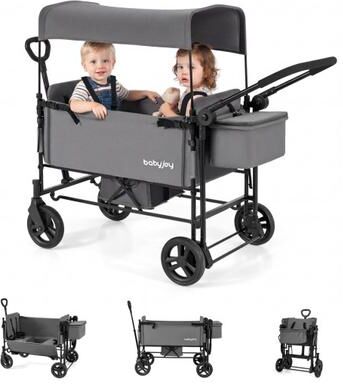 Costway Foldable Wagon Stroller for 2 Kids with Removable Canopy and Adjustable Push Handle-Gray