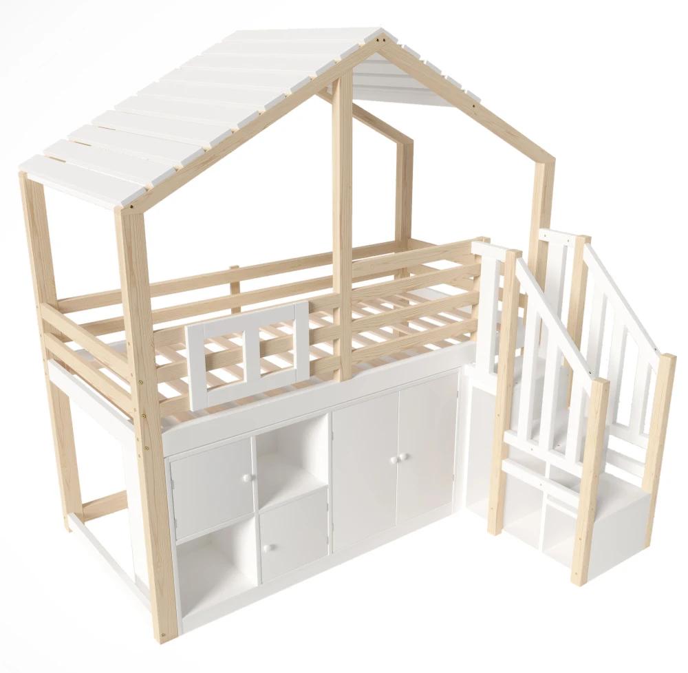 Kinderbett - Hausförmiges Hochbett - 90 x 200 cm - Fenster - Stauraum - Bettgitter - Ohne Matratze - Weiß