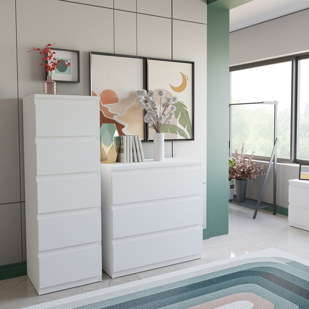 Metro Edmore 5 Drawer Tall Narrow Chest White 128cm H X 41.8cm W X 42.2cm D
