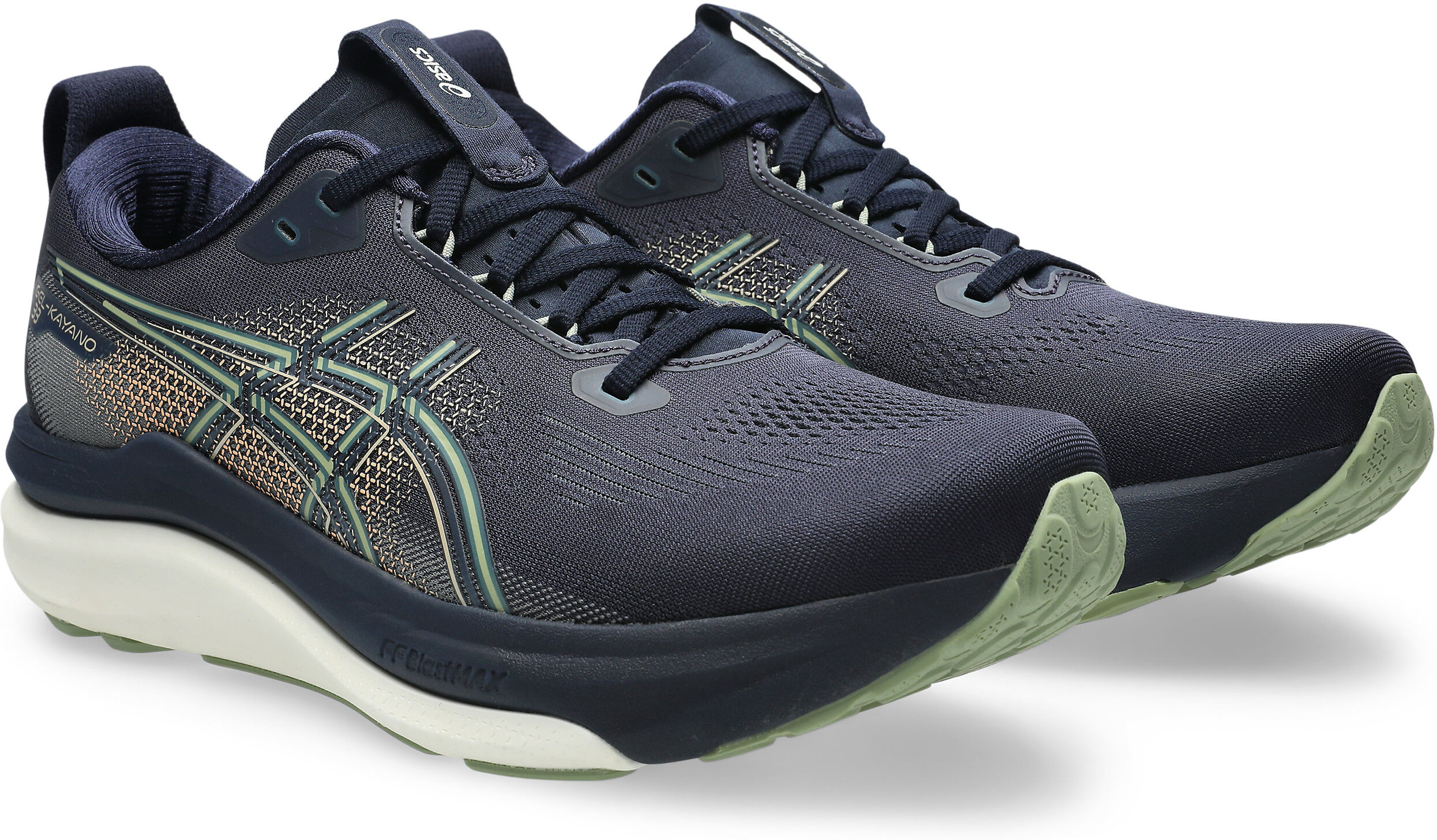 Laufschuh ASICS "GEL-KAYANO 33", Herren, Gr. 43,5, blau (midnight, khaki grün), Synthetik, Schuhe Laufschuh, für mehr Stabilität midnight, khaki grün 43,5