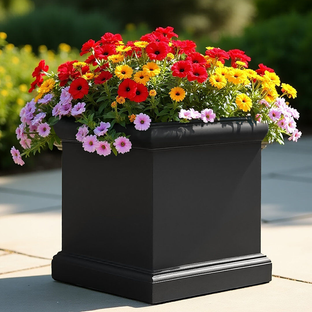 HORTICO Faux Lead Square Planter, Vintage Style Victorian Flower Box, Frostproof Outdoor Plant Pot, Black Garden Planter Box with Drainage Holes Black 35cm H x 35cm W x 35cm D