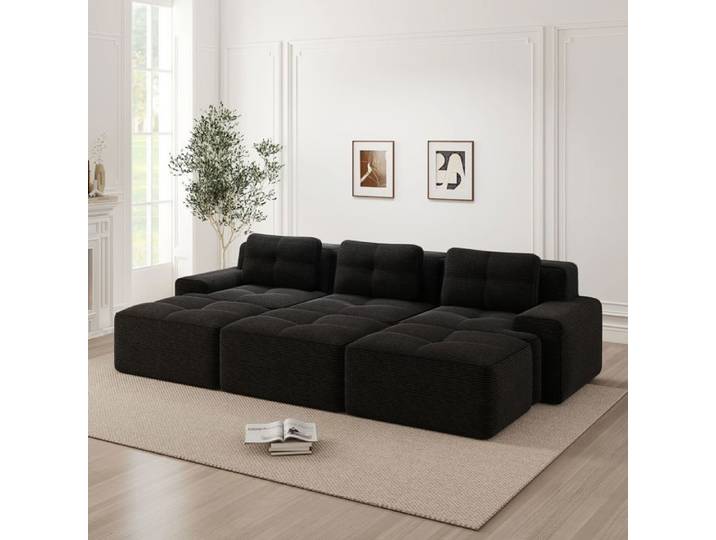 Canapé d'angle modulable - SOGEU - Modulable - 3 places - Velours côtelé noir - Fonction couchage