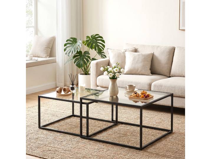 HOMCOM Tables Gigognes Modernes Verre Métal Noir 75x75x42cm