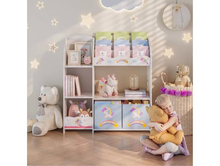 [en.casa] Kinderregal Lysekil Bücherregal für Kinder mit 2 Aufbewahrungsboxen Spielzeugregal 100 x 93 x 30 cm Spielzeug Aufbewahrung Einhorn Motiv