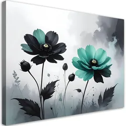 WANDBILD, Türkisfarbene und cremefarbene Blumen in einer modernen Komposition
