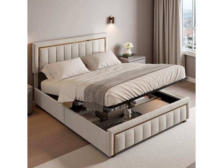 Lit coffre 160x200 lit 160x200 avec sommier lit double rembourré lit adulte conception plaquée or velours beige