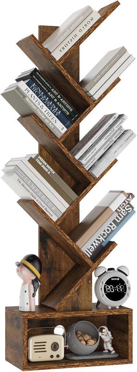 Boom Boekenplank 6-Laags Boekenkas met Kubusrek, Moderne Houten Opbergkast voor Boeken en Films, Rustiek Bruin HBC016H
