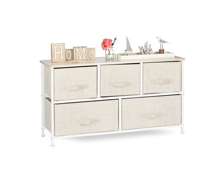 Relaxdays Regalsystem, 5 Stoff-Schubladen, universale Schubladenbox, beige