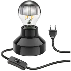 ledscom.de Porzellan Tischlampe TIX, Stecker, Schalter, schwarz + E27 LED Lampe 486lm, Smart Home, warmweiß - kaltweiß