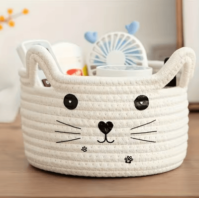 Inspire Picks Cat Face Woven Cotton Storage Basket Cute Home Organizer For Toys, Clothes & Pet Supplies white