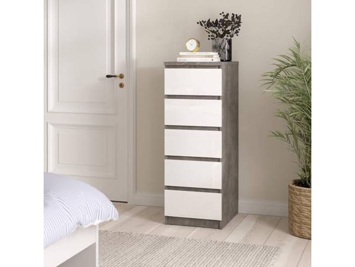 Dmora - Kommode Joelle, Mehrzweckkommode, Schlafzimmerkommode, Schrank mit Schubladen, 50x40 h111 cm, Zement und Weiß
