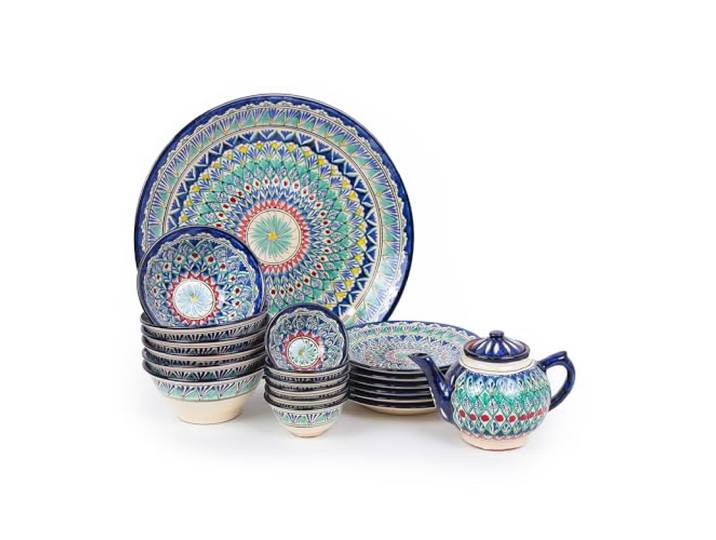 ZARENHOFF Rischtan Keramik Lagan Plov-Set Mehrob Blau Kombiservice Tafelservice Handbemalt aus Usbekistan Ljagan Plate Teller Piala Orientalisches Geschirrset Ляган сервиз (Tee-Set)