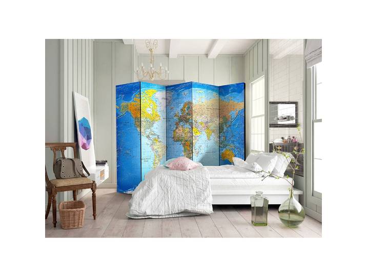 Paravent World Classic Map 5 élém. Intissé en pin massif, naturel Bleu 225 x 172cm