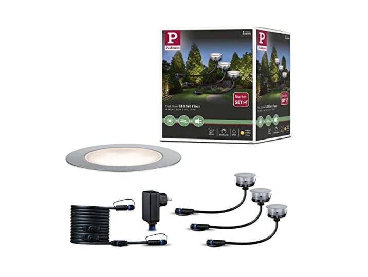 Paulmann 93692 Outdoor Plug&Shine Kit de base Floor extérieur\, IP65\, 3000K\, 3x1W\, 24V\, 70 mm\, Argent inoxydable/Plastique