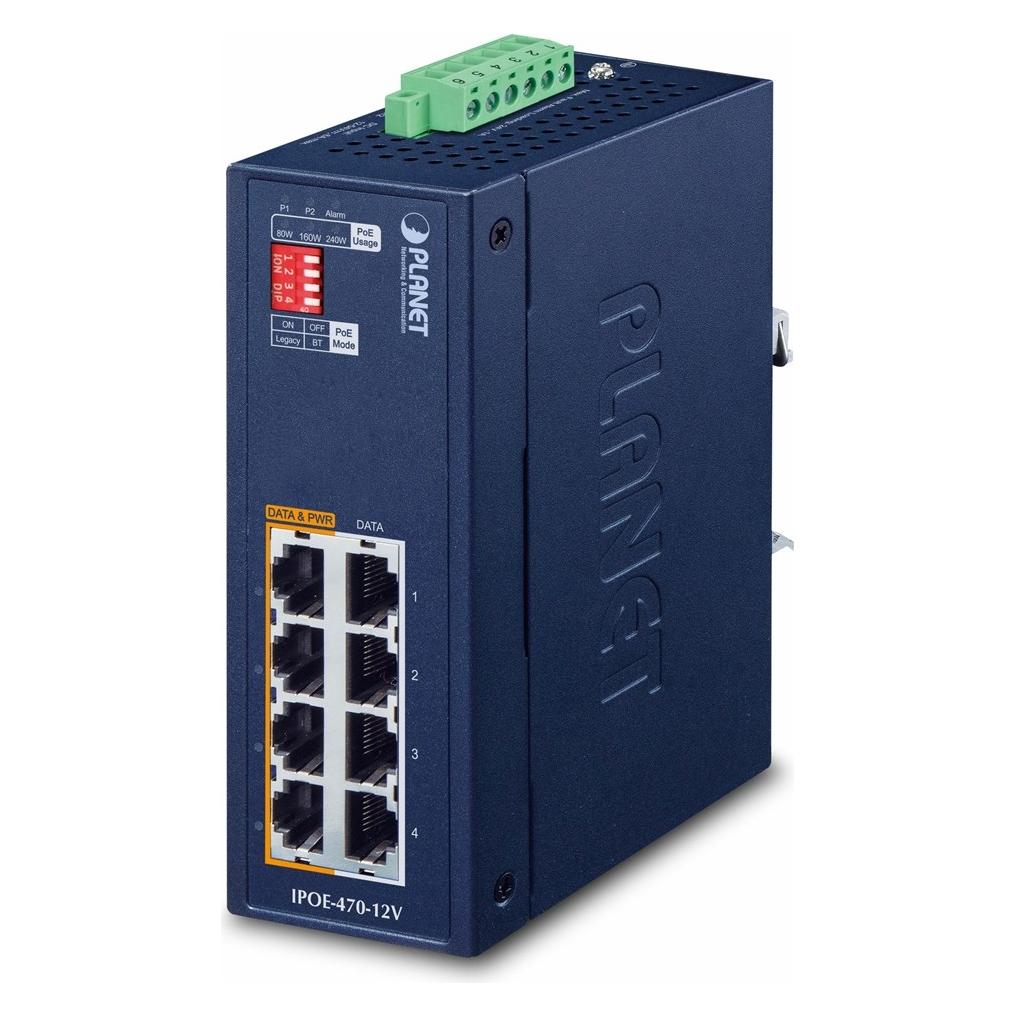 Planet Industrial 4-Port GE 802.3bt PoE++ Injector Hub (802.3af (PoE), 802.3at (PoE+), 802.3bt (PoE++), 240 W) (IPOE-470-12V)