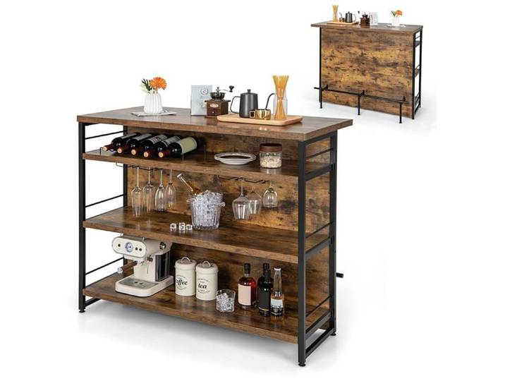 GIANTEX Îlot de Cuisine Table de Bar Buffet Étagères Ouvertes Porte-Bouteilles Porte-Verres Cadre en Métal