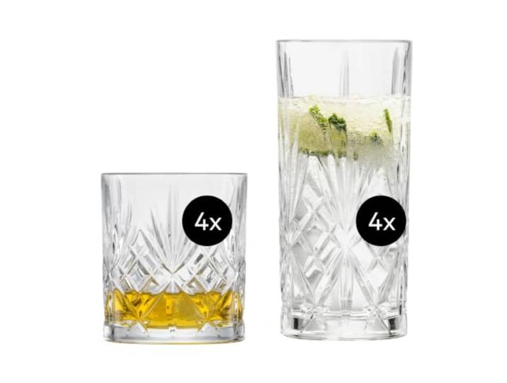 SCHOTT ZWIESEL 8er Gläserset Show, jeweils 4 anmutige Longdrinkgläser und Whiskygläser mit Relieff, spülmaschinenfeste Kristallgläser (Art.-Nr. 121881), Kristall