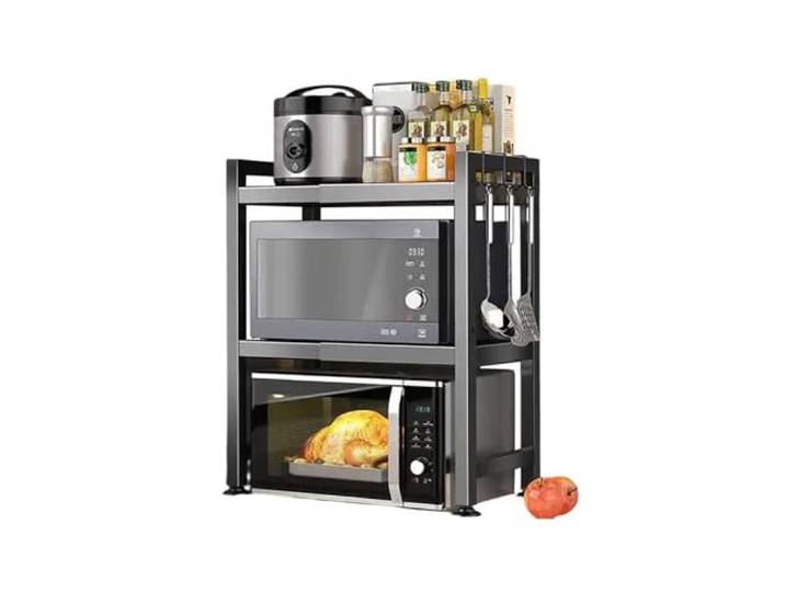 Expandable Microwave Rack 3 Stage Microwave Stand Microwave Holder Organizer Kitchen Rack Standing with 6 Hooks, Keukenopslag/Rekken/Staanders/Houders
