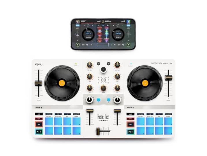 Hercules DJControl Mix Ultra - Mobiler Controller iOS/Android Ultrakompakter Funk-Controller mit Bluetooth LE, 10 Std. Akku, Touch-Jogwheels, 16 Pads, djay-App