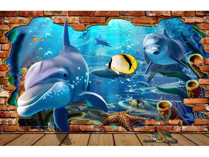 Fototapete PAPERMOON 3D DESIGN Delfine im Meer , bunt, B:2,5m L:1,86m, Vlies, Tapeten, Fototapete
