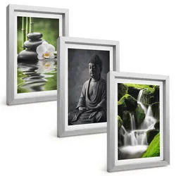 BILDER SET 3er Set - 20x30 cm Silberner Rahmen - Entspannende Zen-Wassermalerei