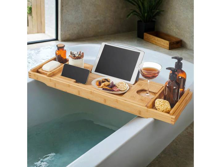 Badewannenablage, Ecru, Metall, Naturmaterialien, 75x4.5x23 cm, ausziehbar, Badaccessoires, Sonstige Badaccessoires